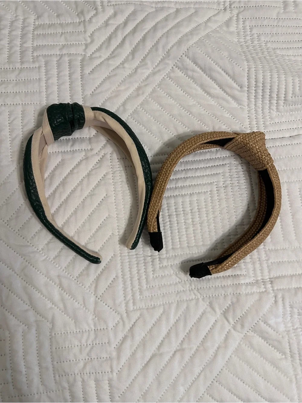 Woven Tan Padded Headband & Green Knotted Accent Headband Set